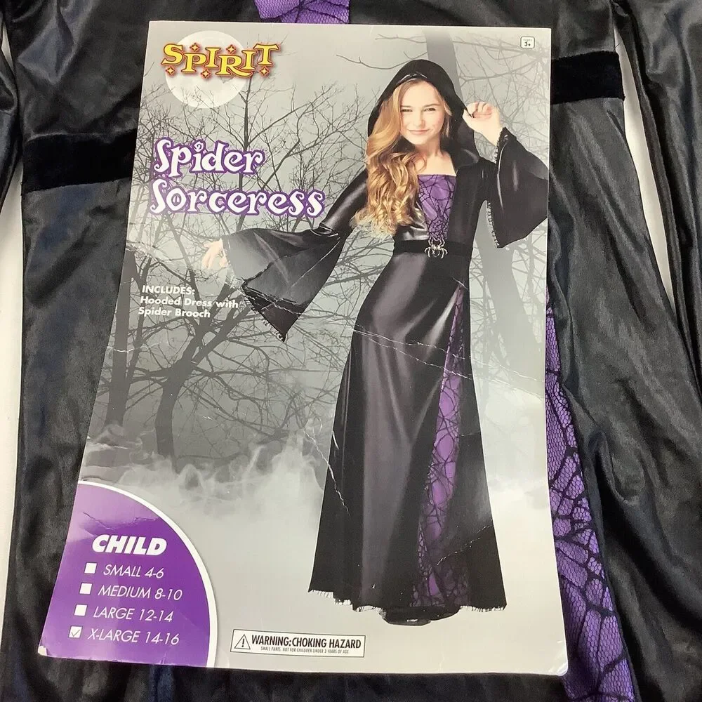 Spirit Halloween Sorceress Witch Hooded Dress Costume Girls XL 14 - 16 Spider